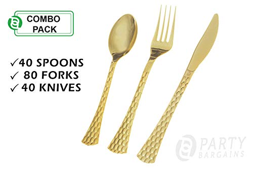 Gold Plastic Silverware Set | Assorted Solid Plastic Cutlery Disposable Flatware | Perfect for Weddings, Dining and Parties | Includes 80 Forks, 40 Spoons & 40 Knives | 160 Count