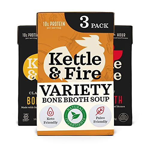 Kettle and Fire Mushroom Chicken, Beef, and Chicken Bone Broth Collagen Variety Pack, Keto, Paleo, and Whole 30 Approved, Gluten Free, High in Protein and Collagen, 3 Pack