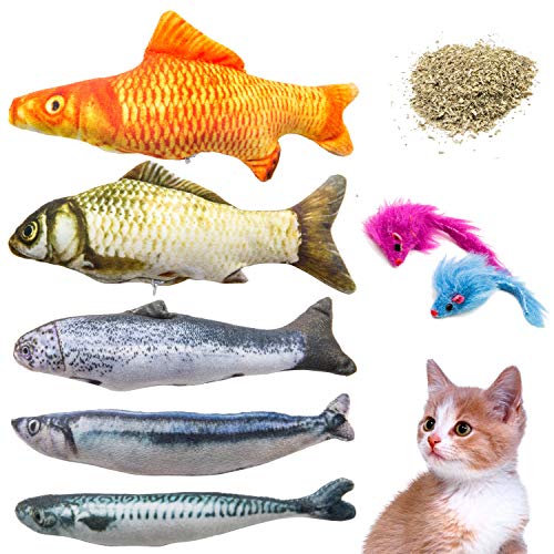 7 Cat Toys Assortment with 5 Refillable Catnip Fish Cat Toys and 2 Squeaky Mouse Cat toys, with Extra Catnip for Refill, for Cat, Puppy, Kitty, Kitten, Ferret, Rabbit â€¦