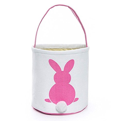 VIPITH Easter Bunny Basket Dual Layer Easter Eggs Foldable Canvas Tote Printed Rabbit and Fluffy Tails Easter Gift Bag for Kids Party (Pink)