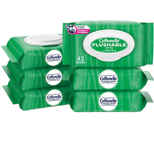 Book Cover Cottonelle GentlePlus Flushable Wet Wipes with Aloe & Vitamin E - 6 Flip-Top Packs (252 Total Flushable Wipes)