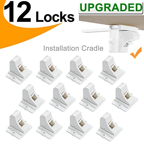 Baby Proofing Magnetic Cabinet Locks Child Safety - VMAISI 12 Pack Children Proof Cupboard Baby Latches - Adhesive Magnet Drawers Locks No Drilling