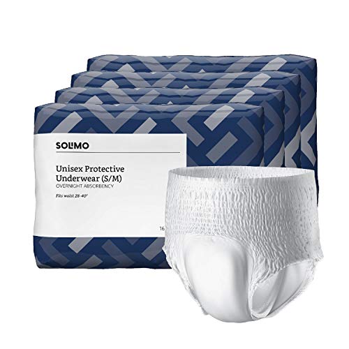 Amazon Brand - Solimo Incontinence Underwear for Men and Women, Overnight Absorbency, Small/Medium, 64 Count, 4 Packs of 16