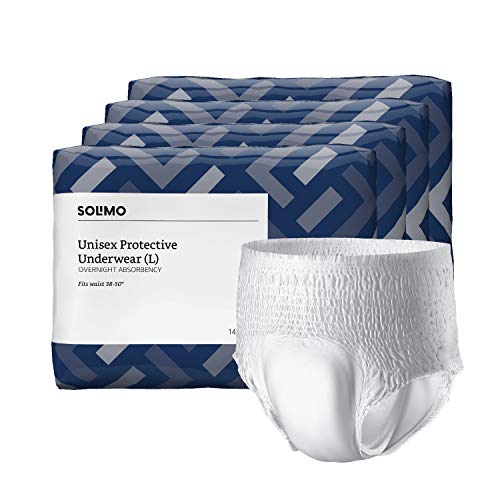 Amazon Brand - Solimo Incontinence Underwear for Men and Women, Overnight Absorbency, Large, 56 Count, 4 Packs of 14