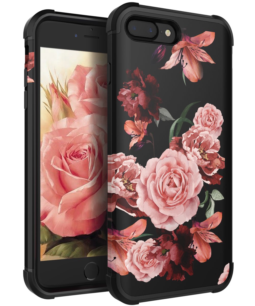 Book Cover KapCase Case for iPhone 8 Plus,Case for iPhone 7 Plus Cute Flower for Girls/Women Slim Fit Dual Layer Protection TPU and Plastic Hybrid Floral Case for iPhone 7plus/8plus,Black