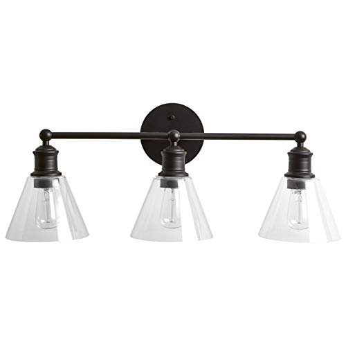 Book Cover Amazon Brand â€“ Rivet Industrial Triple Glass Shade Bathroom Vanity Fixture With 3 Edison Light Bulbs - 35 x 7.5 x 10.3 Inches, Matte Black