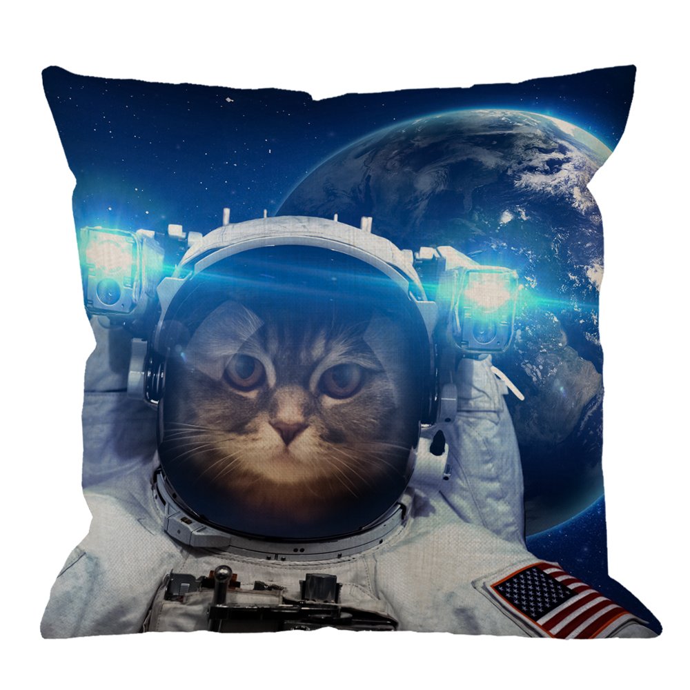 Book Cover HGOD DESIGNS Cat Throw Pillow Cover Decorative Astronaut Cat Nebula Galaxy Outer Space Throw Pillow Cotton Linen Square Pillow Case for Men/Women/18x18 inch Blue Black and White