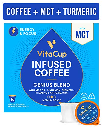Book Cover VitaCup Genius Blend Coffee Pods 16ct Energy & Focus | MCT, Turmeric & Cinnamon | Keto | Paleo | Whole 30 | Vitamins B1, B5, B6, B9, B12, D3 | Compatible with K-Cup Brewers Including Keurig 2.0