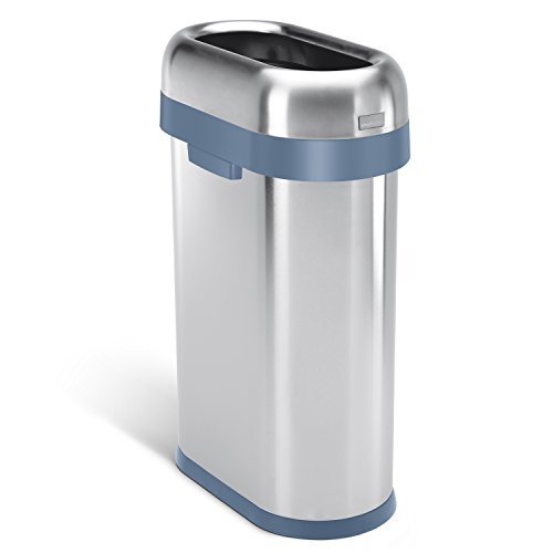 simplehuman 50 Liter / 13.2 Gallon Slim Open Top Trash Can Commercial Grade Heavy Gauge, (13 Gallon), Brushed Stainless Steel with Blue Trim