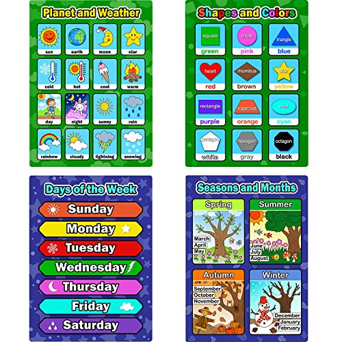Bememo 4 Pieces Educational Learning Posters, Days of The Week, Shapes and Colors, Seasons and Months, Planet and Weather Charts for Toddlers and Kids