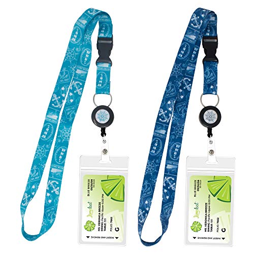Book Cover 2-Pack Cruise Lanyard with Retractable Badge Reel, Water Resistant Badge Holder, and Snap Buckle, Teal and Blue Set
