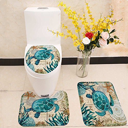 Bathroom Mat Set Toilet Seat Cover Sea Blue Marine Turtle Whale Seahorse Octopus Printed Polyester No Smell Washable Anti-Slip (Turtle)