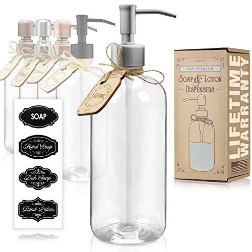 Premium Dish, Hand Soap or Lotion Dispenser | Kitchen Sink, Bathroom, Home Decor, Clear Glass Boston Round Bottle | Rust Resistant Stainless Steel Pump | Chalk Labels (16oz, Farmhouse Silver Pump)