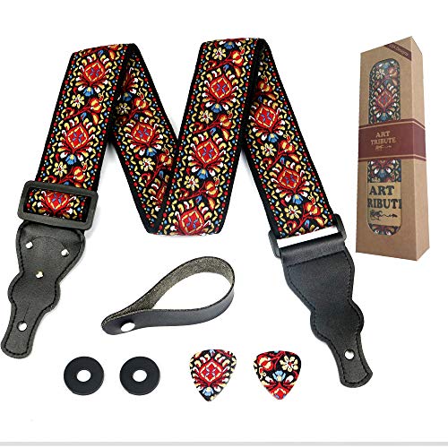 Book Cover Guitar Strap Embroidered Red Vintage Woven W/FREE BONUS- 2 Picks + Strap Locks + Strap Button. For Bass, Electric & Acoustic Guitars. The Best Guitarist Gift By Art Tribute LIFE TIME WARRANTY