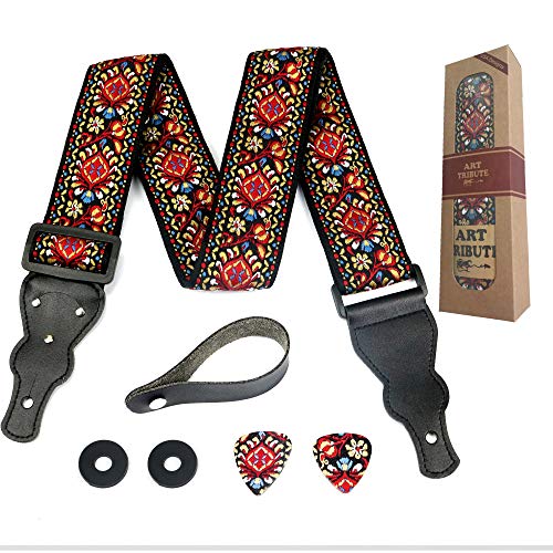 Guitar Strap Embroidered Red Vintage Woven W/FREE BONUS- 2 Picks + Strap Locks + Strap Button. For Bass, Electric & Acoustic Guitars. The Best Guitarist Gift By Art Tribute LIFE TIME WARRANTY