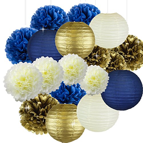 Book Cover Cream Navy Blue Gold 8inch 10inch Tissue Paper Pom Pom Paper Flowers Paper Honeycomb Paper Lanterns for Navy Blue Themed Party,Party Decoration Bridal Shower Decor Baby Shower Decoration