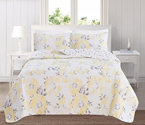 Book Cover Great Bay Home 3-Piece Reversible Quilt Set with Shams. All-Season Bedspread with Floral Printed Pattern in Bright Colors. Helene Collection Brand. (King, Yellow)