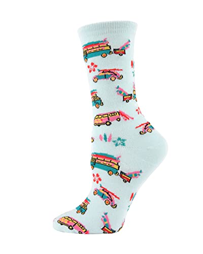MeMoi Surfs Up 60s Wagon Hippie Bamboo Crew Novelty Socks Pale Aqua One Size