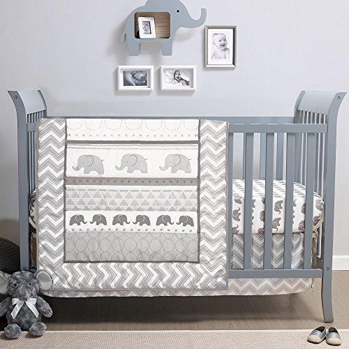 Book Cover Elephant Walk 4-Piece Jungle Geometric Chevron Grey Neutral Baby Crib Bedding Set by Belle