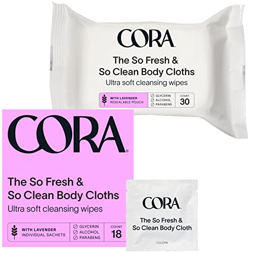 Cora Body Care | Cleansing Wipes | Natural Body Cleanser | Feminine Moisturizer | All Over Refresh | Intimate Areas | Moisturizing and Hydrating | pH Balance | Packaging May Vary (Lavender Sachets + Pouch (48 Count))