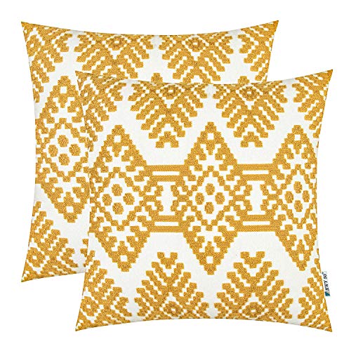 Book Cover HWY 50 Mustard Yellow Embroidered Throw Pillows Covers Set 18 x 18 inch, for Couch Sofa Bedroom Living Room, Decorative Square Throw Pillow Cases Cushion Cover, Modern Farmhouse Geometric, Pack of 2