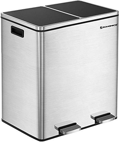 Book Cover SONGMICS 16 Gallon Step Trash Can, Double Recycle Pedal Bin, 2 x 30L Garbage Bin with Plastic Inner Buckets and Carry Handles, Fingerprint Proof Stainless Steel, Slow Close ULTB60NL