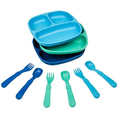 Re Play Made in USA - 3 Meals a Day Set - 3 Divided Plates, 3 Sets of Utensils - BPA Free, Made from Eco-Friendly Recycled Milk Jugs - True Blue without Bowls