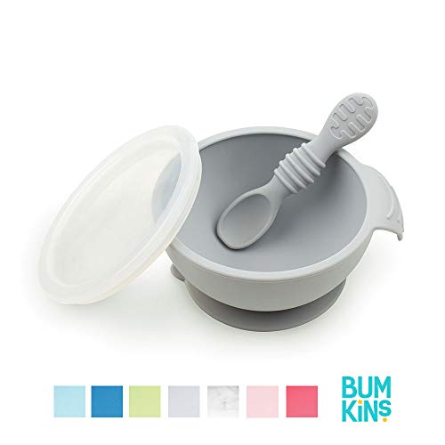 Book Cover Bumkins Suction Silicone Baby Feeding Set, Bowl, Lid, Spoon, BPA-Free, First Feeding, Baby Led Weaning - Gray