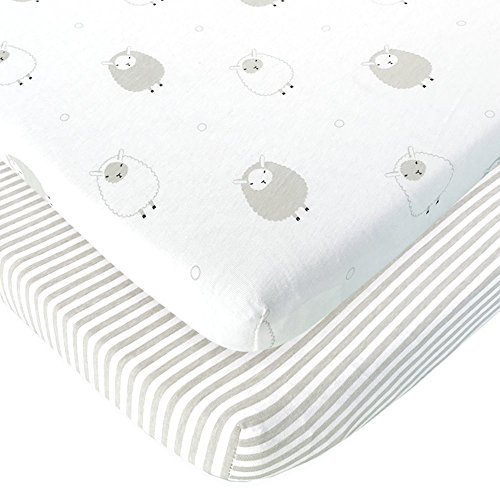 Bassinet Fitted Sheets Compatible with Halo, Fisher Price, Delta, Graco – Fits Perfectly on 15 x 33 Inch Oval, Rectangular Mattress Pad – Snuggly Soft Jersey Cotton – Grey Stripes, Lamb – 2 Pack