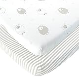 Bassinet Fitted Sheets Compatible with Halo, Fisher Price, Delta, Graco – Fits Perfectly on 15 x 33 Inch Oval, Rectangular Mattress Pad – Snuggly Soft Jersey Cotton – Grey Stripes, Lamb – 2 Pack