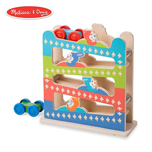 Book Cover Melissa & Doug First Play Roll & Ring Ramp Tower (Cars and Vehicles, 2 Wooden Cars, 12.625