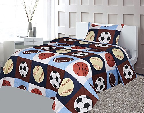 Book Cover Golden Linens Twin 3 Pieces (Fitted, Flat Sheet and Pillow Case) Printed Printed Navy Blue, Sky Blue, Brown, Orange Kids Sports Basketball Football Baseball Kids Sheets Bed Cover # 02 Twin Sheet