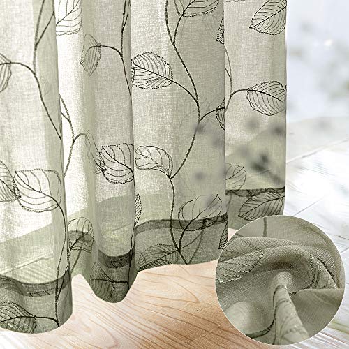 Book Cover Sheer Curtains for Bedroom Rod Pocket Embroidered Leaf Window Curtains 63 inch Length Botanical Geometric Drapes Living Room 2 Panels Sage
