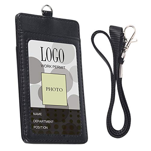 Lanyard with ID Badge Holder - Arae Vertical Leather ID Card Holder with Detachable Lanyard - Black