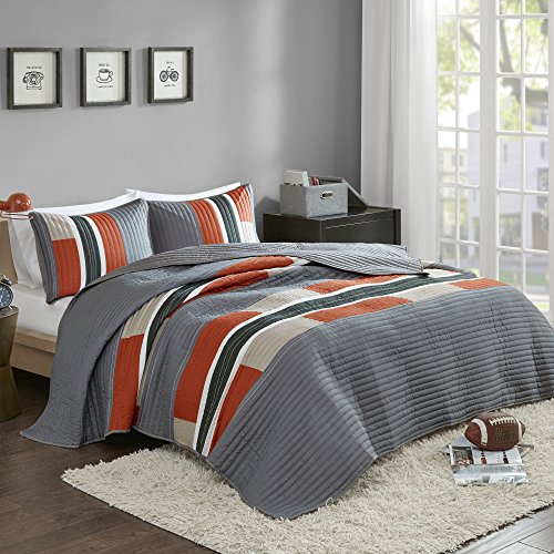Comfort Spaces Colin Quilt Set - Trendy Casual Stripe, Vibrant Color Design, All Season, Lightweight Coverlet Bedspread Cozy Bedding, Matching Sham, Twin/Twin XL, Pierre Grey Orange Stripe 2 Piece