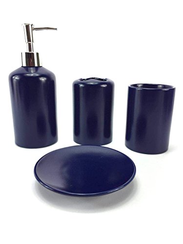 Book Cover WPM 4 Piece Ceramic Bath Accessory Set | Includes Bathroom Designer Soap or Lotion Dispenser w/Toothbrush Holder, Tumbler, Soap Dish Choose from Purple, Black, Brown, Navy or Burgundy (Navy)