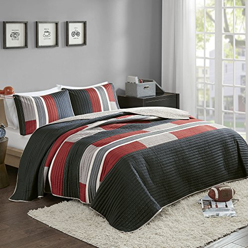 Book Cover Comfort Spaces Colin Quilt Set - Trendy Casual Stripe, Vibrant Color Design, All Season, Lightweight Coverlet Bedspread Cozy Bedding, Matching Sham, Twin/Twin XL, Black/Red 2 Piece