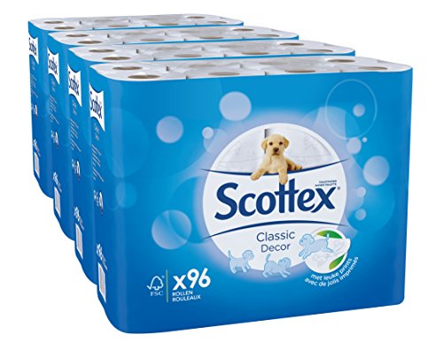 Scottex Papier Toilette Décoré Enrichi en Coton Pack de 96 Rouleaux