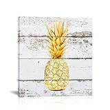 K-Road Pineapple Wall Art Gold Canvas Painting Framed Picture Rustic Farmhouse Bathroom Living Room Decor 12x12 Inch (G)