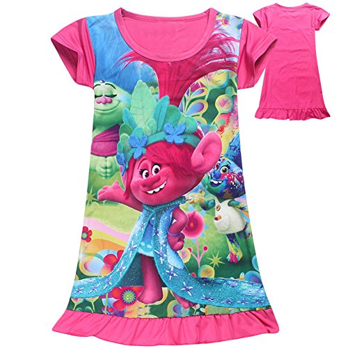 KIDHF Trolls Comfy Loose Fit Pajamas Girls Printed Princess Dress (Red,100/3-4Y)