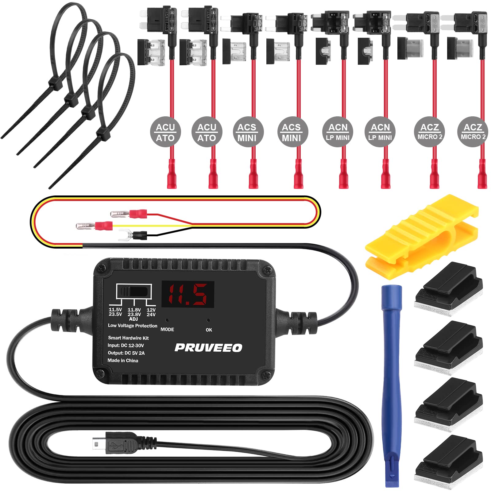 PRUVEEO Dash Cam Hardwire Kit, Intelligent and Adjustable Low-Voltage Protection Fit for 98% Dash Cam, 13ft Mini USB Hard Wire Kit for Dashcam Converts 12V-24V to 5V/ 2A w/Fuse Kit and Installation