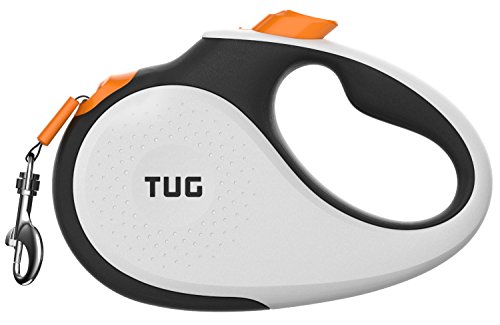 TUG Patented 360Â° Tangle-Free, Heavy Duty Retractable Dog Leash with Anti-Slip Handle; 16 ft Strong Nylon Tape/Ribbon; One-Handed Brake, Pause, Lock (Medium, White/Orange)