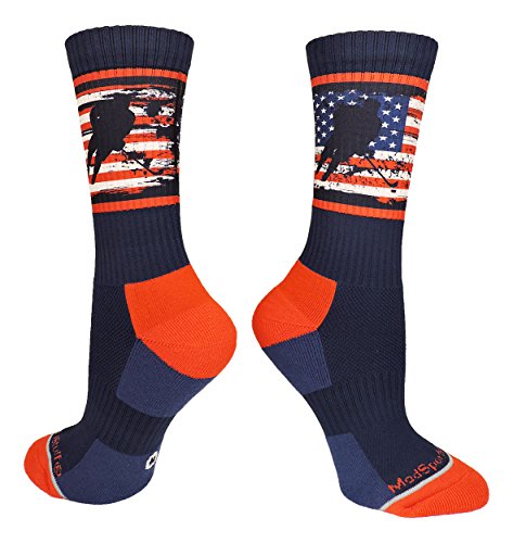 Book Cover USA Flag Hockey Player Crew Socks (Navy/Red/White, Small)
