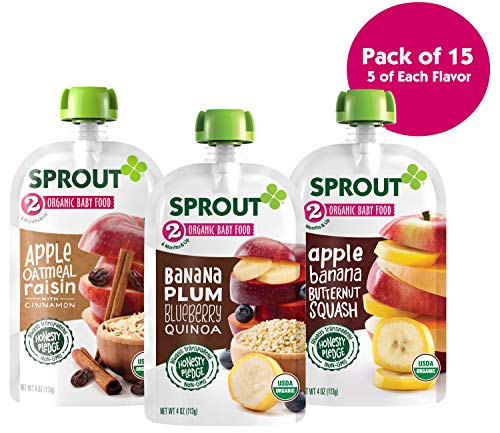 Book Cover Sprout Organic Stage 2 Baby Food Pouches, Variety Pack, 4 Ounce (Pack of 15) 5 Each: Apple Oat Raisin w/ Cinnamon, Banana Plum Blueberry Quinoa & Apple Banana Butternut