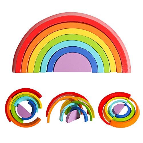 Book Cover USATDD Wooden Rainbow Stacking Nesting Puzzle Tunnel Blocks Stacker Game Geometry Building Creative Color Shape Matching Jigsaw Educational Toys Early Development Gift for Kids Baby Toddlers