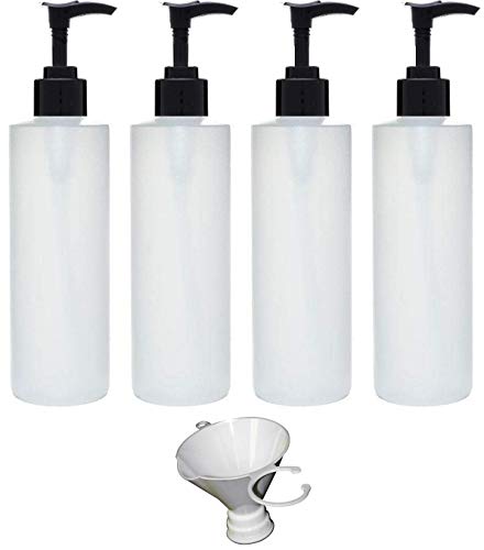 Book Cover Earth's Essentials Four Pack Of Refillable 8 Oz. HDPE Plastic Pump Bottles With Patented Screw On Funnel-Great For Dispensing Lotions, Shampoos and Massage Oils.