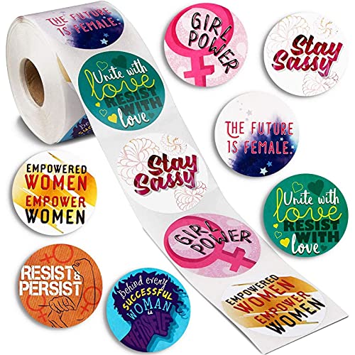 Paper Junkie 500-Piece Round Feminist Encouragement Stickers, Feminism Girl Power Quotes, 8 Designs, 5.1 x 5.1 cm