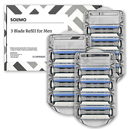 Amazon Brand â€“ Solimo 3 Blade Razor Refills for Men, Vitamin E Lubricating Strip for Sensitive Skin, 12 Razor Blades Refills