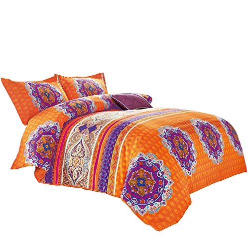 Wake In Cloud - Mandala Comforter Set, Orange Bohemian Boho Chic Medallion Pattern Printed, Soft Microfiber Bedding (3pcs, Twin Size)