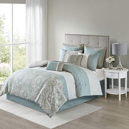 510 DESIGN Shawnee Comforter Reversible Solid Floral Flower Damask Print Pieced Quilted Stripes Embroidered Ultra Soft Down Alternative Hypoallergenic All Season Bedding-Set, Cal King, Seafoam